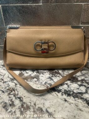 Salvatore Ferragamo Beige Shoulder Bag with Silver Hardware EUC